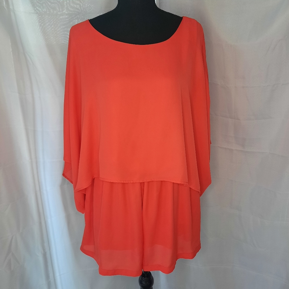 Gianni Bini Romper Shorts Size Large Orange Corral Pockets Flutter Sleeve